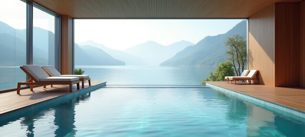 Ruhebereich am beheizten Innenpool mit Blick auf den Vierwaldstättersee